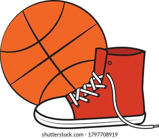 Basketball and basketball high top shoe illustration
