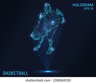 Basketball hologram. Holographic projection basketball player. Flickering energy flux of particles. The scientific design of basketball