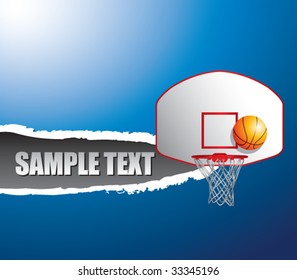 basketball hoop and backboard on blue ripped banner