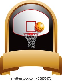 basketball hoop and backboard on crest shaped display