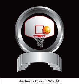 basketball hoop and backboard on crest shaped display