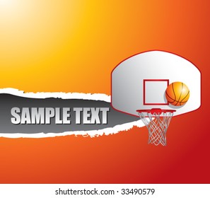 basketball hoop and backboard on ripped orange banner