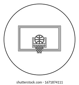 Basketball hoop and ball Backboard and grid basket icon in circle round outline black color vector illustration flat style image