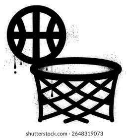 Basketball hoop and ball with black spray paint graffiti
