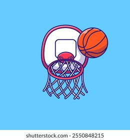 Ilustração De Vetor De Basquete Hoop E Bola De Cartoon. Sport Object Concept (Conceito de objeto de esporte). Estilo de Contorno de Animação Plano.