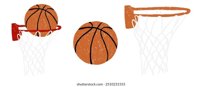 Arco de basquete e giz de bola texturizados. Coleção de elementos esportivos de textura de lápis. Desenho de mão criança conjunto de lápis de cera à mão livre desenhado vetor ilustração isolado no fundo branco