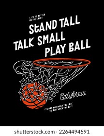 Basketball in hoop. Basketball ball flying through the hoop. Vintage typography basketball silkscreen t-shirt print vector illustration.