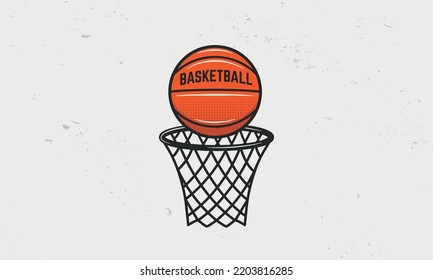 Basketball hoop with ball isolated on white background. Grunge texture. Basketball logo, emblem template. Vector illustration