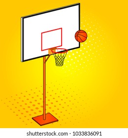 Basketball hoop and ball. Object pop art background. Vector illustration. Imitation comic style