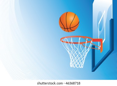 Basketball hoop and ball on sky background