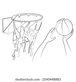 Arco de basquete com uma bola de desenho de uma linha. Ilustração vetorial de contorno em um plano de fundo branco. Esporte, jogo, rede, equipamento esportivo, bola, cesta, atividade, atleta, corrida, treinamento, salto, jogar.