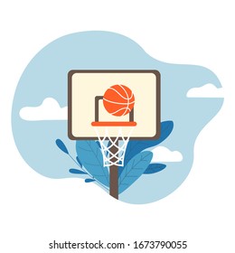 Basketball hoop with ball in a professional arena. Vector flat illustration.