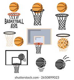 Arco de basquete com bola vetor conjunto de ilustração isolado no fundo branco para design ou impressão. Ilustração vetorial de símbolos de basquete