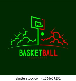 Basketball hoop with cloud radius logo icon outline stroke set dash line design illustration isolated on dark green background with basketball text and copy space