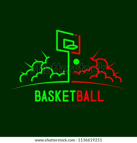 Basketball hoop with cloud radius logo icon outline stroke set dash line design illustration isolated on dark green background with basketball text and copy space