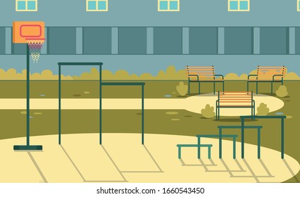 Basketball Hoop and Horizontal Bars on Sports Ground in School Yard. Modern Building with Playing Field. Outdoors Facilities. Benches for Spending Time Out Between Classes. No Students Around.