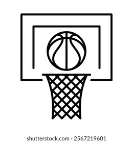 Basketball hoop icon with net and ball outline. Editable stroke.