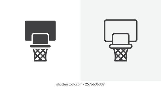 Basketball hoop icon set in black flat solid and outlined style.