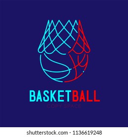 Basketball In Hoop Logo Icon Outline Stroke Set Dash Line Design Illustration Isolated On Dark Blue Background With Basketball Text And Copy Space