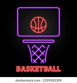 basketball hoop neon sign, modern glowing banner design, colorful modern design trend on black background. Vector illustration.