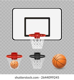 Basketball hoop with net and  basketball ball. Red  basketball ring and sport field. Sports equipment. Vector illustration