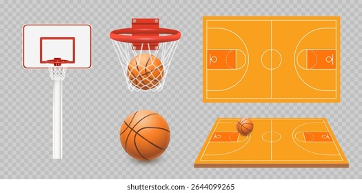 Arco de basquete com rede e bola de basquete. Anel de basquete vermelho e preto. Ilustração vetorial