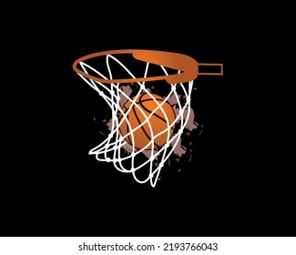 Basketball hoop, basketball net, basketball basket with basketball illustration on black background