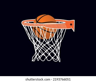 Basketball hoop, basketball net, basketball basket with basketball illustration on black background