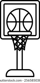 A basketball hoop with a basketball in the net. The hoop is black and white