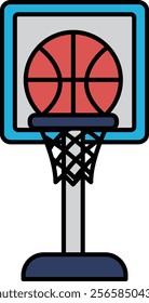 A basketball hoop with a basketball in the net. The hoop is blue and white