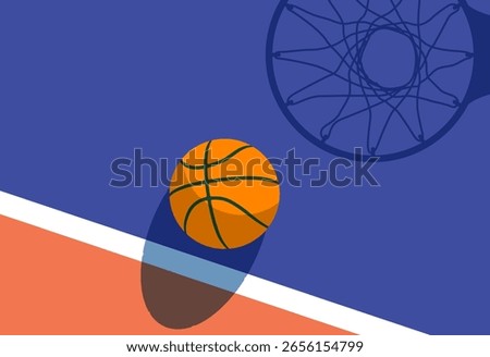 Basketball hoop net casts shadow court near ball, top view, basketball poster, vector