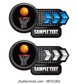 basketball hoop on blue and white arrow nameplates