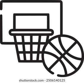 Basketball and hoop, representing sports or physical activities. Basketball and hoop icon representing sports, physical activities, and athletic competition. EPS