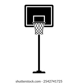 Basketball Hoop and Stand Vector Illustration – Flat Cartoon Icon in Black and White, Isolated on White Background, Editable and Scalable EPS for Logos, Icons, and Sports Graphics