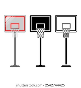 Basketball Hoop e Stand Vetor Ilustração. Definir a coleção plana de ícones de desenhos animados, isolada em fundo branco, EPS editável e escalonável para logotipos, ícones e gráficos esportivos