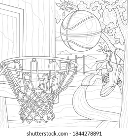 
Basketball.
Basketball hoop.Coloring book antistress for children and adults. Illustration isolated on white background.Zen-tangle style.с