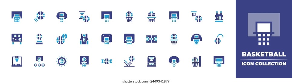 Basketball icon collection. Duotone color. Vector illustration. Containing basketball hoop, basketball field, basketball, tshirt, sport, scoreboard, backboard, hoop, trophy, ball.