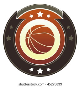 Basketball icon on round red and brown imperial vector button with star accents