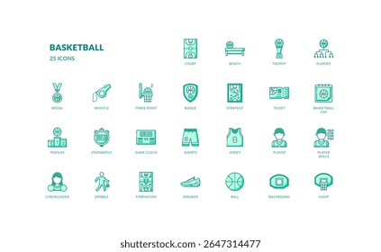 Basketball icon pack in green filled line style ideal for sport infographic web mobile app or tournament material