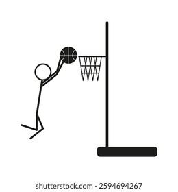 Basketball icon. Player dunk action. Hoop and ball illustration. Black stick figure. EPS 10.