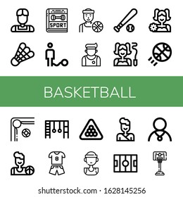 basketball icon set. Collection of Athlete, Shuttlecock, Sport, Ball, Basketball player, Baseball ball, Gymnast, Cheerleader, Basketball, Billiard, Monkey bars, Judo, Hockey pitch icons