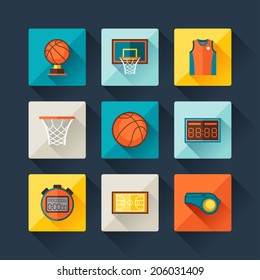 Basketball icon set in flat design style.