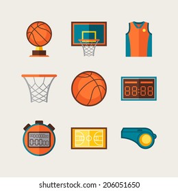 Basketball icon set in flat design style.