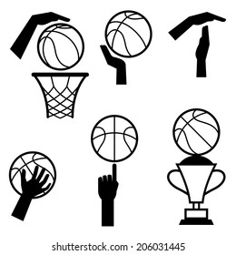 Basketball icon set of gestures and symbols in game.