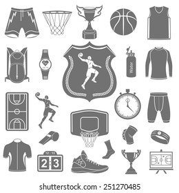Basketball icon set - stock vector. Large set of symbols, logos and icons of basketball. Sports equipment, protection, trackers, silhouettes of players, uniforms, clothing and shoes.