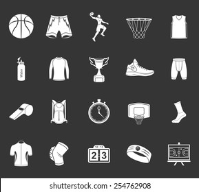 Basketball icon set - stock vector. Large set of symbols, logos and icons of basketball. Sports equipment, protection, trackers, silhouettes of players, uniforms, clothing and shoes.