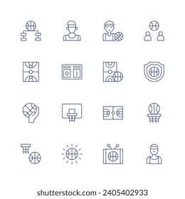 Basketball icon set. Thin line icon. Editable stroke. Containing hierarchy, basketball, basketball player, players, field, scoreboard, basketball court.