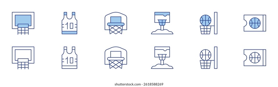 Basketball icon set in two styles, Duotone and Thin Line style. Editable stroke. basketball hoop, basketball, tshirt.