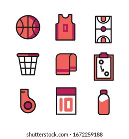 Basketballsymbol (Basketball, Hemd, Fiels, Ring, Towwel, Taktik, Pfeifen, Partitur, Getränke)