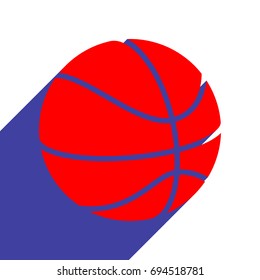 Basketball icon. Vector. Red flat style icon with dark blue long shadow on white background.